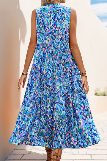 Blue Printed Sleeveless A Line Long Summer Dress